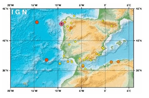 Nuevos terremotos en Galicia de 1.7 grados al Sw Porto do Son ( A Coruña ) y de 2.3 al W de A Gudiña ( Ourense )