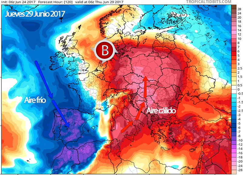 Mapa de anomalías térmicas verano
