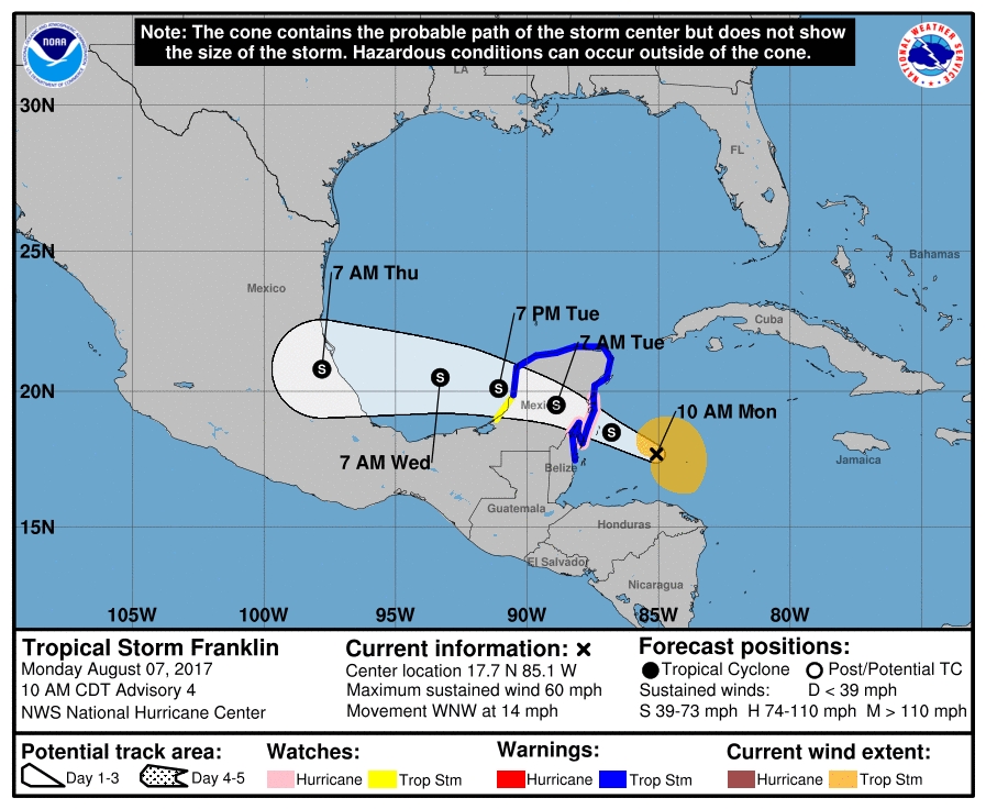 Seguimiento ciclón tropical-Huracán Franklin en México; 7-10 de Agosto de 2017