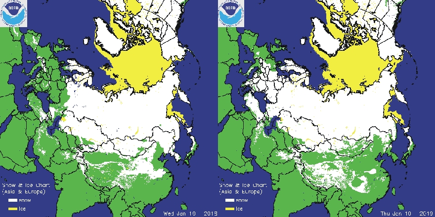Una mayor extensión de nieve sobre Europa y hielo en el Ártico; 2018 vs 2019
