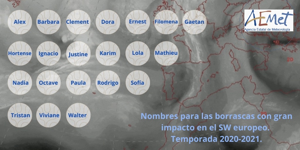 Nombres para las borrascas bautizadas por España, Francia y Portugal temporada 2020/2021