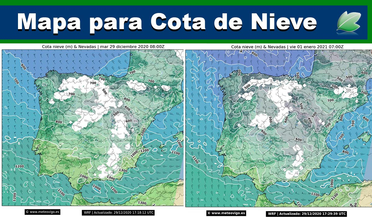 Mapa de cota de nieve y nevadas Meteovigo; ¿dónde puede nevar?