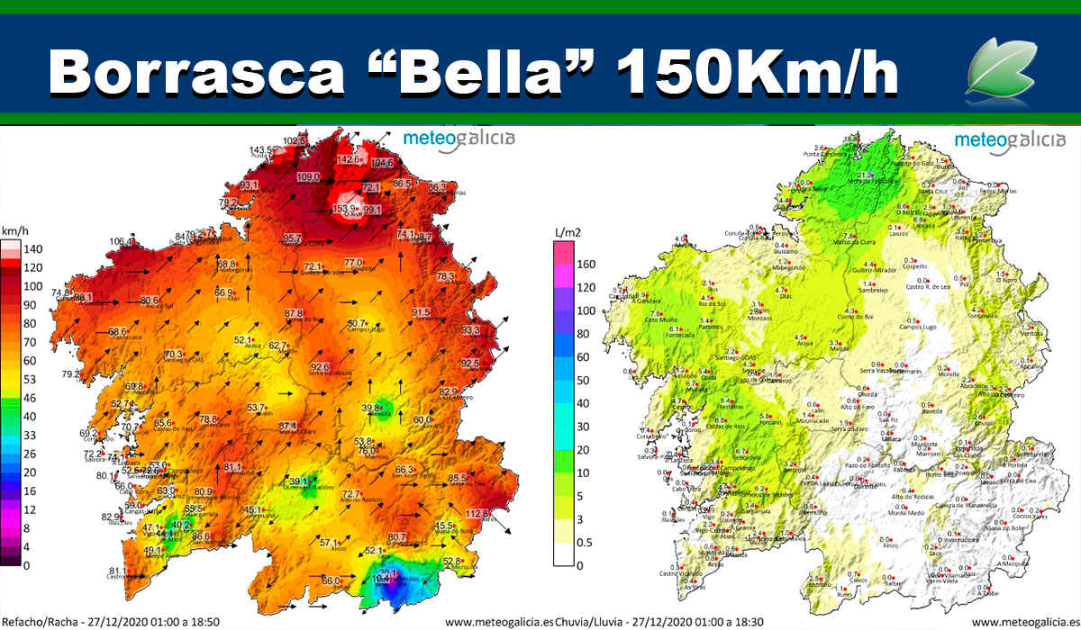 La borrasca Bella ya deja rachas de más de 150Kmh en Galicia