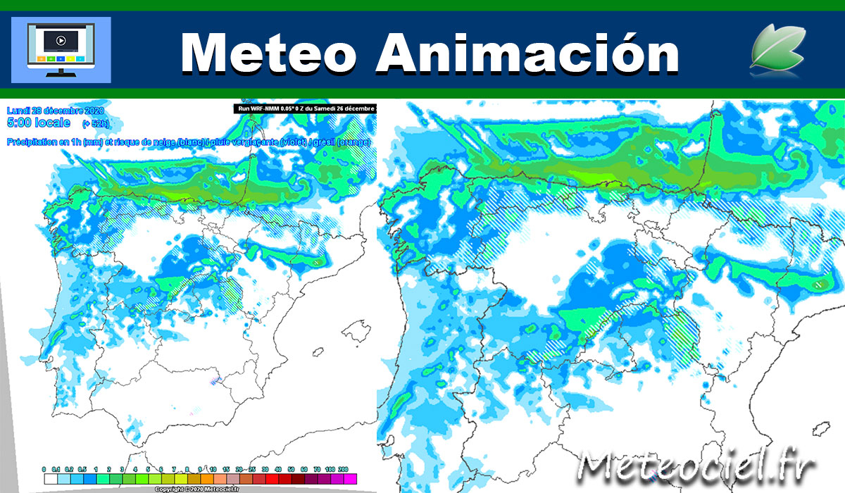 Así barrerá el frente la Península y Baleares según el modelo WRF (5Km); lluvias y nevadas