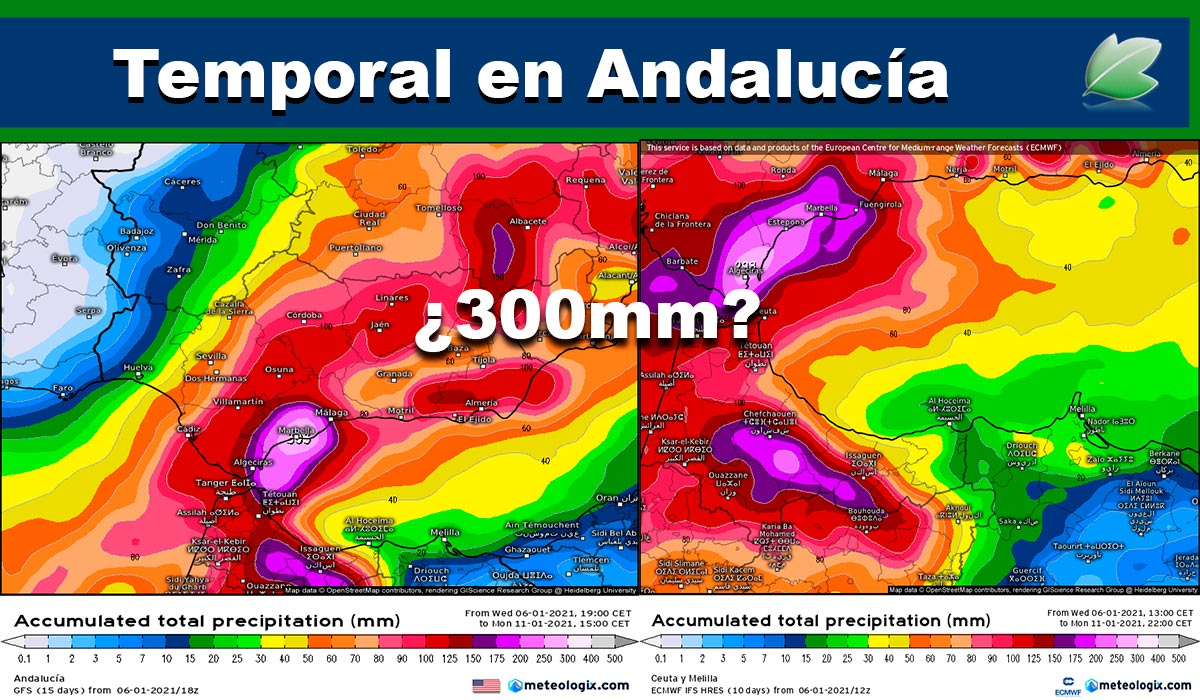 GFS y Europeo; 300mm en puntos de Andalucía hasta el próximo lunes