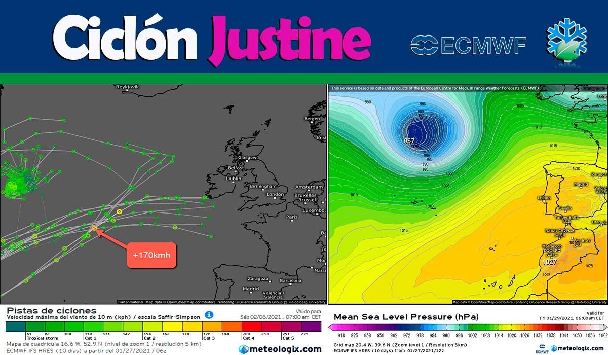 El cenit del ciclón Justine será al Norte de Azores con vientos de más de 170kmh