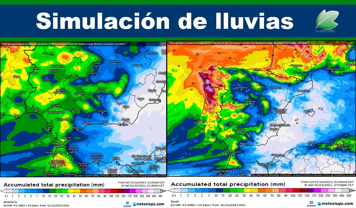 Simulación de lluvias a una semana vista; Península, Baleares, Ceuta y Melilla