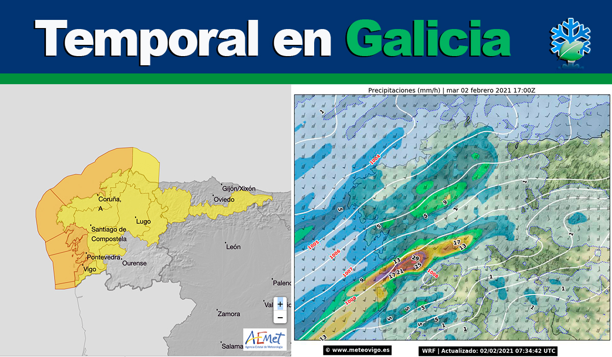 Aviso naranja por lluvias en Galicia; así entrará el temporal esta tarde