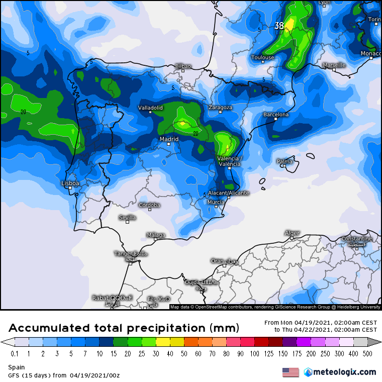 Modelo GFS lluvias Península 3 días