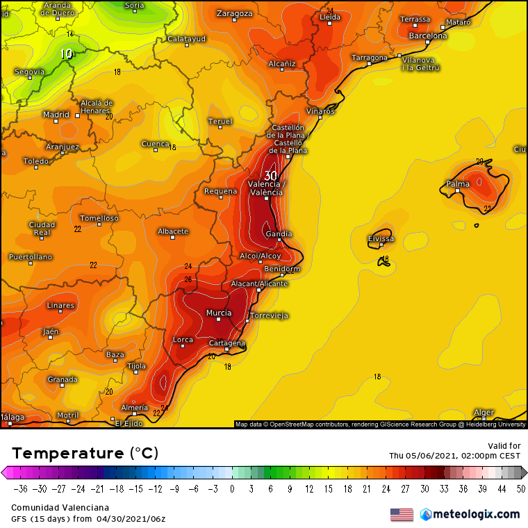 Temperatura GFS jueves Mediterráneo