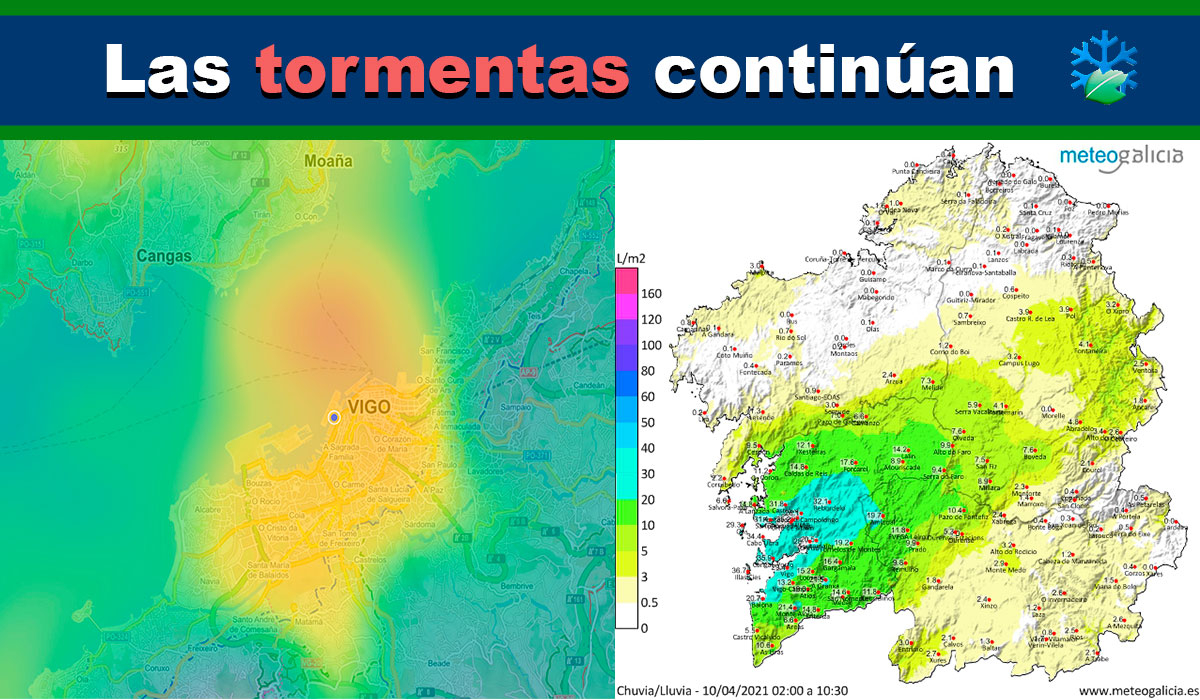 Así ha diluviado esta noche en Vigo y la historia de ZOE; siguen las tormentas y avisos activados