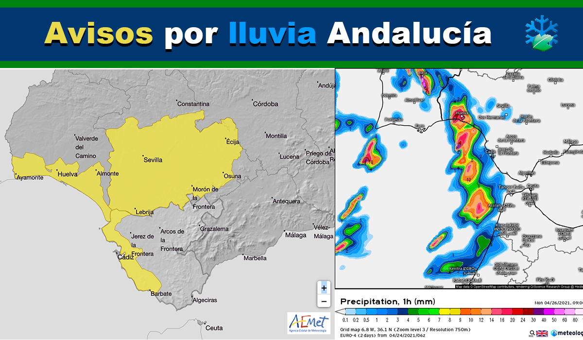Activados avisos de nivel amarillo por lluvia en Andalucia Occidental el lunes