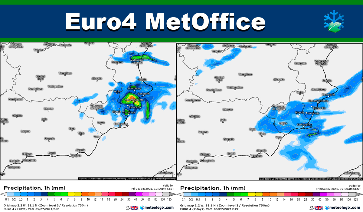 El modelo Euro4 de MetOffice modera las precipitaciones de mañana en el Sureste