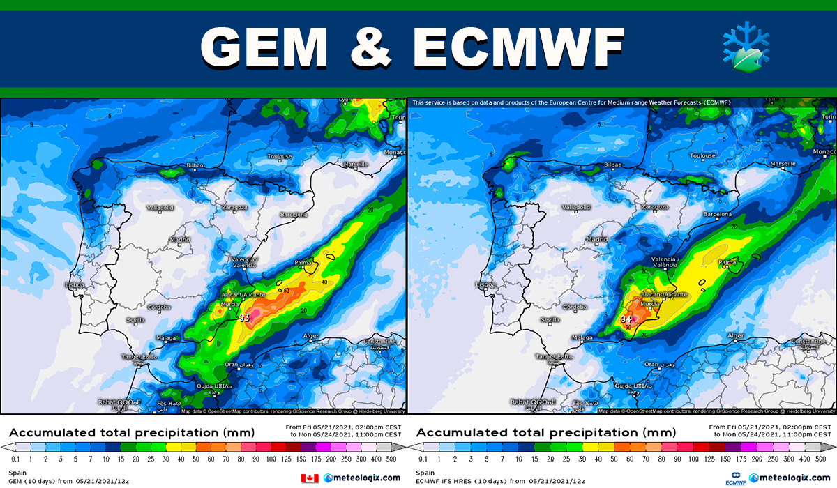 Comparamos el modelo GEM y ECMWF para ver los posibles efectos de la DANA