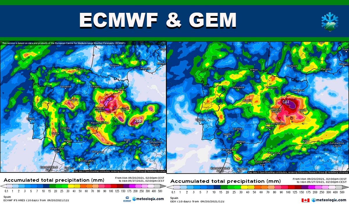 DANA: estas son las lluvias previstas por los modelos GEM y ECMWF en su actualización