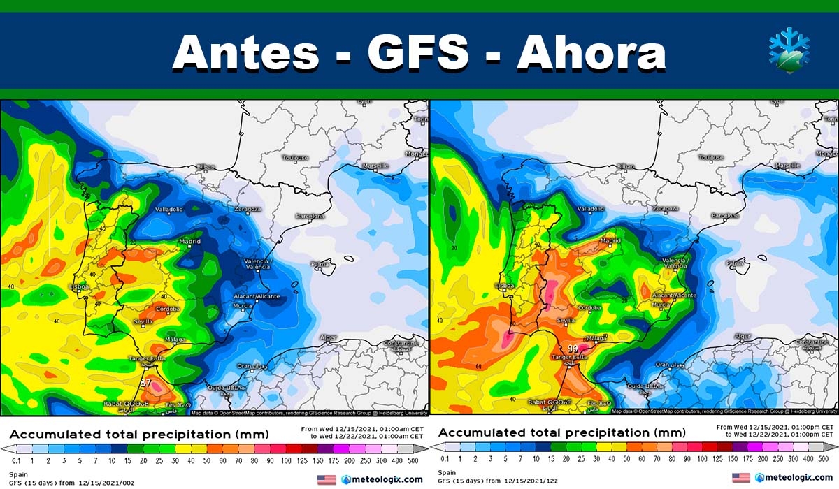 GFS: actualiza incrementando las lluvias en el sur de la Península para inicios de semana