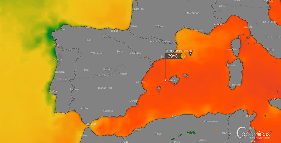 Temperatura en el mar Mediterráneo a 27 de julio de 2022