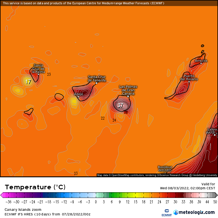ECMWF temperaturas Canarias miércoles
