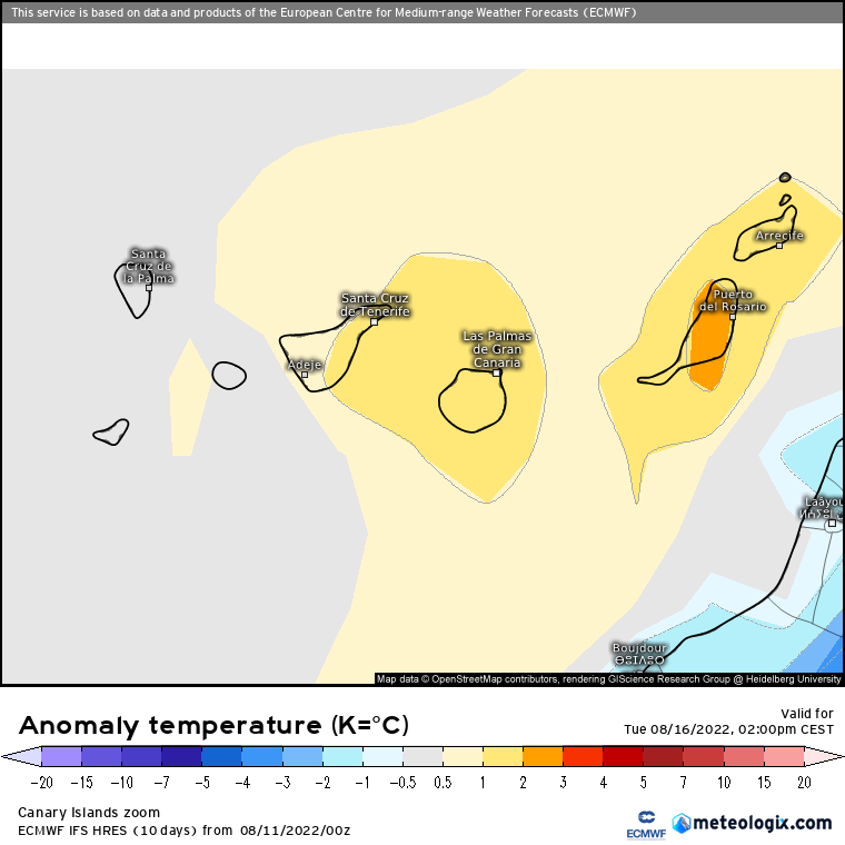 Canarias anomalías térmicas ECMWF