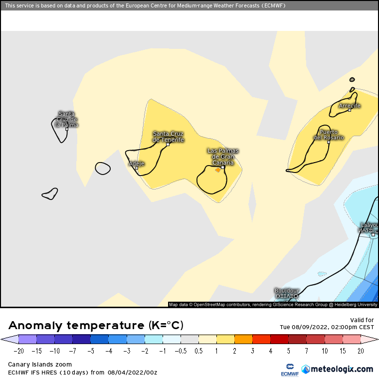 Mapa de anomalías térmicas Canarias para el martes