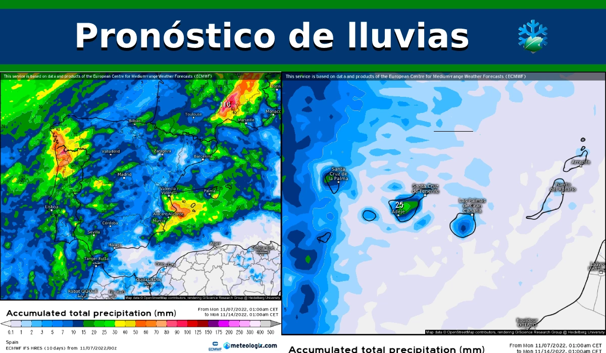 Pronóstico de lluvias ​​​☔​ a 7 días: precipitaciones atlánticas y mediterráneas
