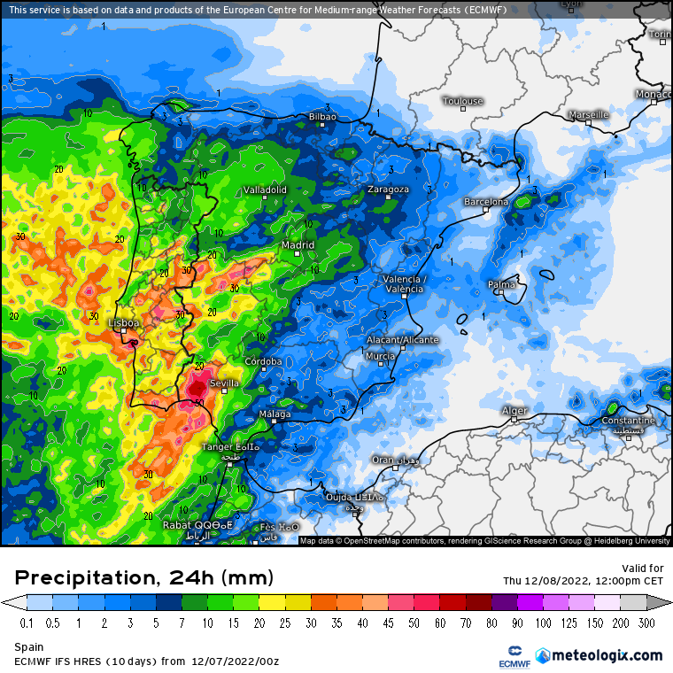 ECMWF lluvias Península 24 horas, 7 diciembre de 2022