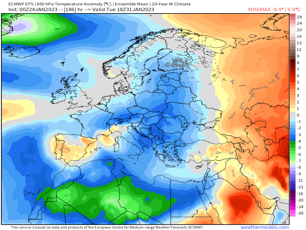 Media de ensambles, temperaturas y anomalías modelo europeo