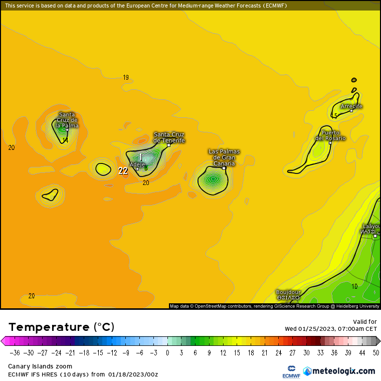 Temperaturas en superficie para Canarias, modelo europeo