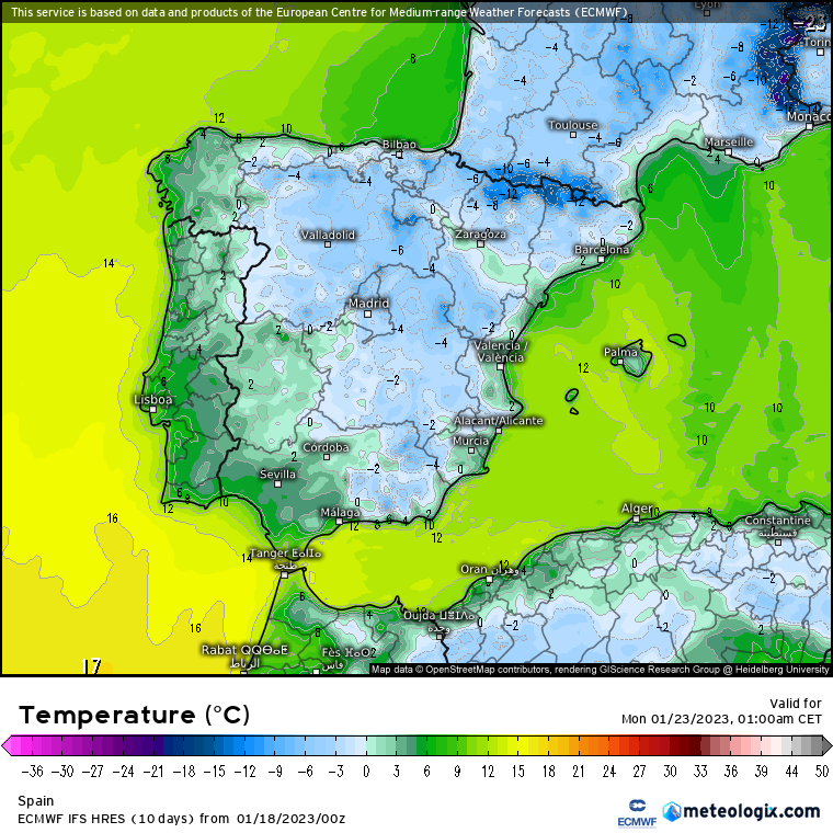 Temperaturas en superficie para la península ibérica, modelo europeo