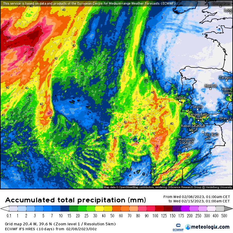 ECMWF lluvia acumulada en el Atlántico Norte. 