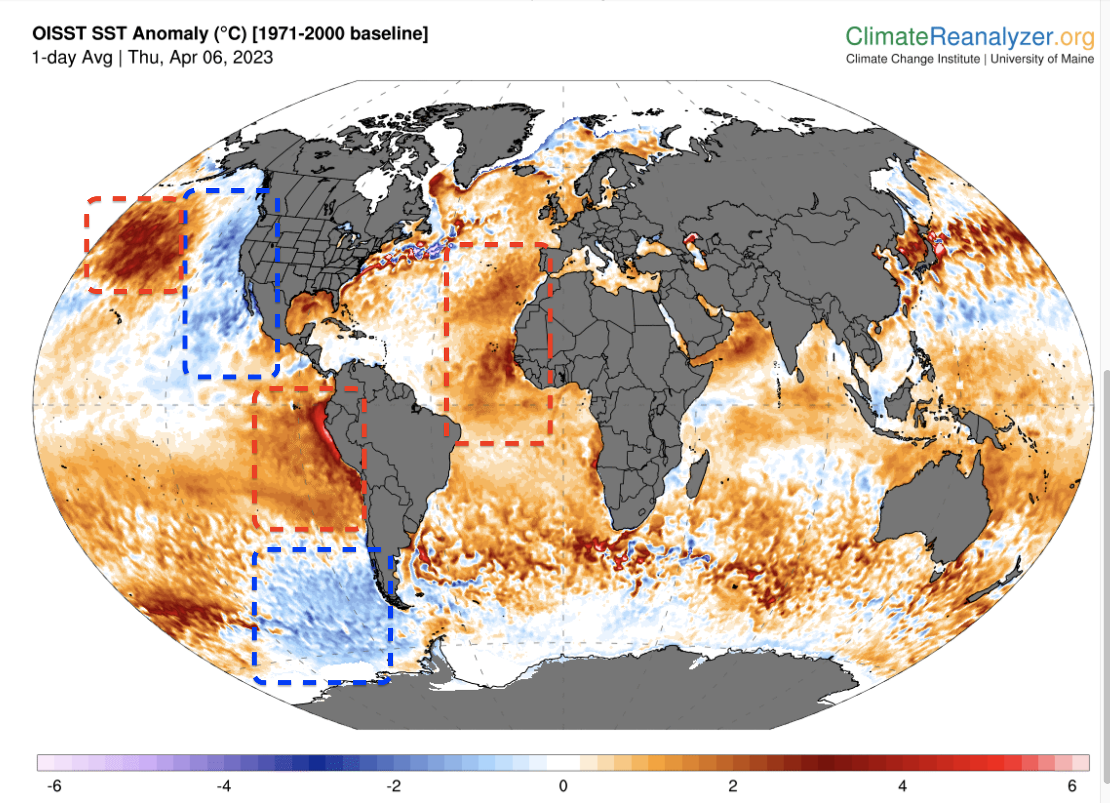 Mapa de anomalías térmicas en mares y océanos