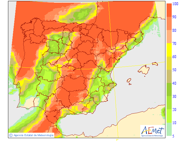 Probabilidad de lluvias sábado 22 en la península y Baleares