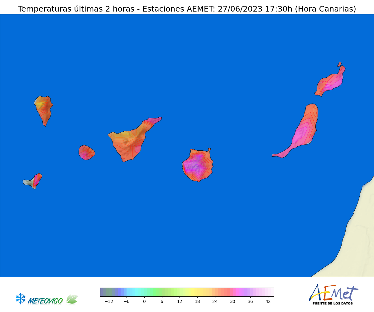 Mapa de temperaturas estaciones AEMET en Canarias.