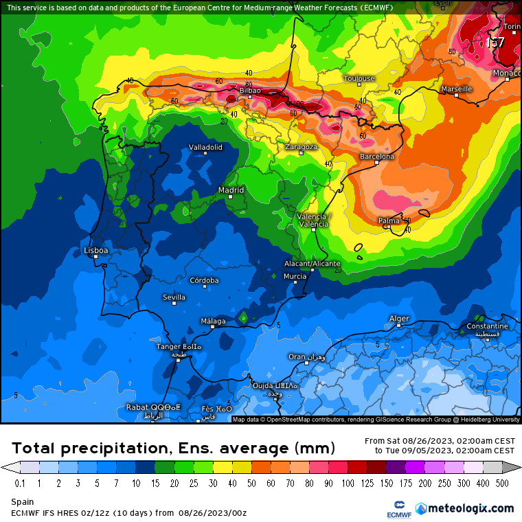 Mapa de precipitación acumulada ensembles modelo europeo