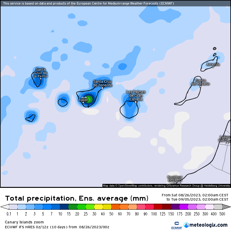 Mapa de precipitación acumulada ensembles modelo europeo para Canarias