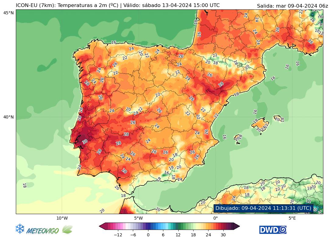 ICON-EU temperaturas para el sábado en superficie (2m)
