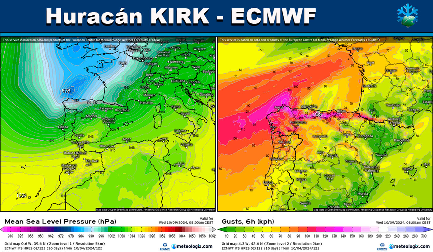 Mapas meteorológicos, huracán Kirk