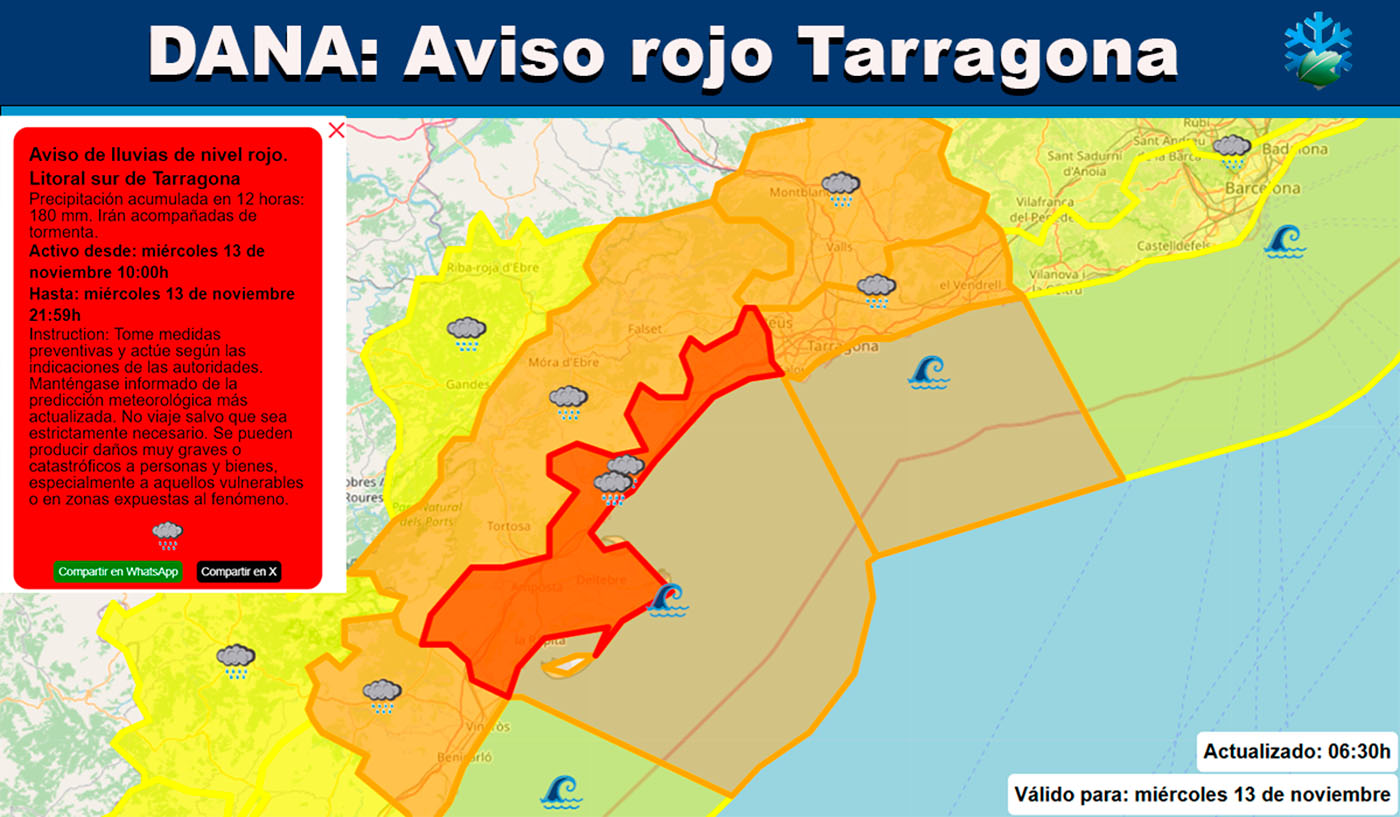 Mapas de avisos DANA nivel rojo Tarragona