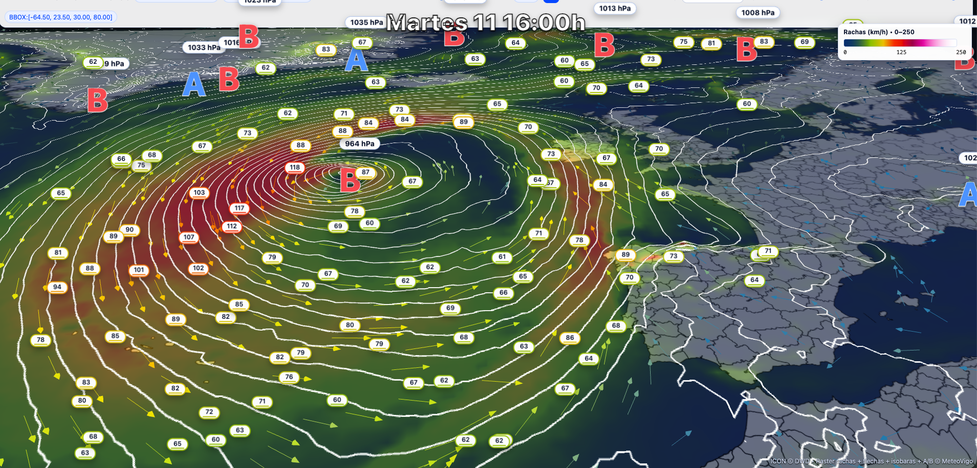 Mapa de rachas de viento en 3D