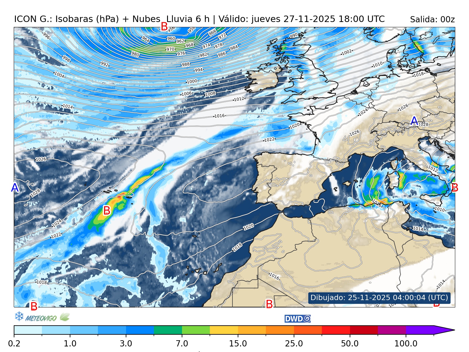 Mapa de lluvias y presi&oacute;n atmosf&eacute;rica en superficie