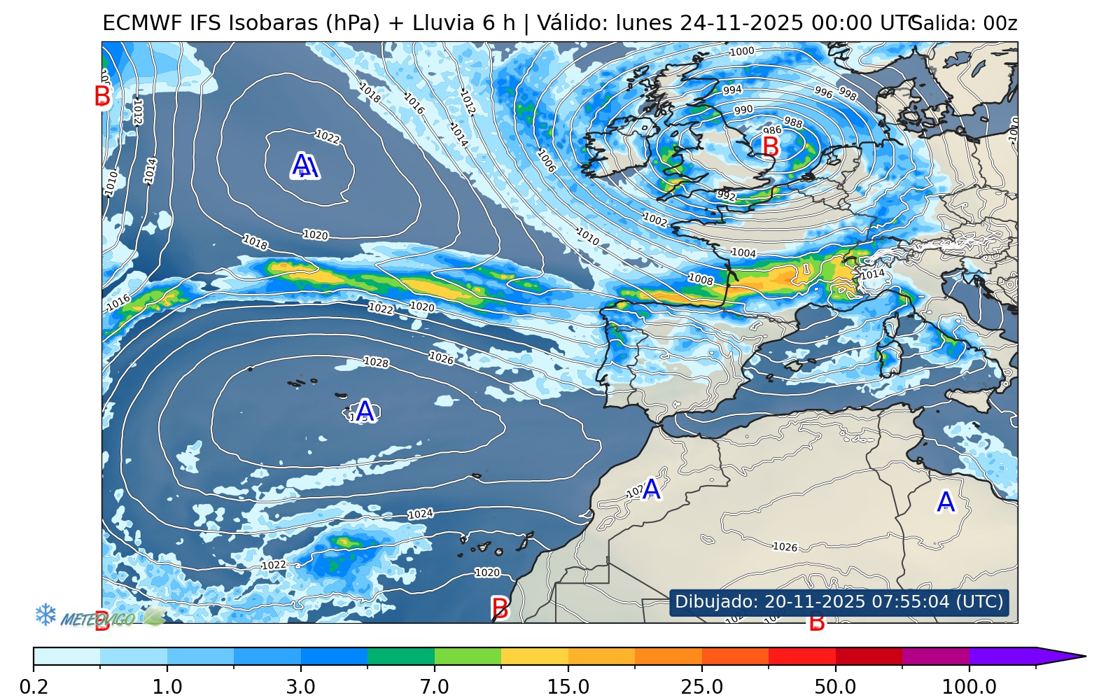 ECMWF presi&oacute;n en superficie y lluvias 