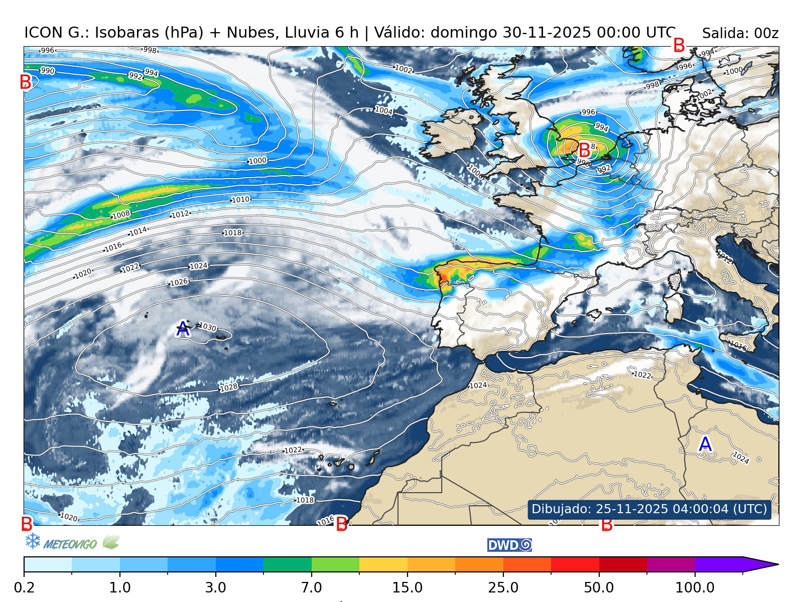 Mapa de lluvias y presi&oacute;n en superficie