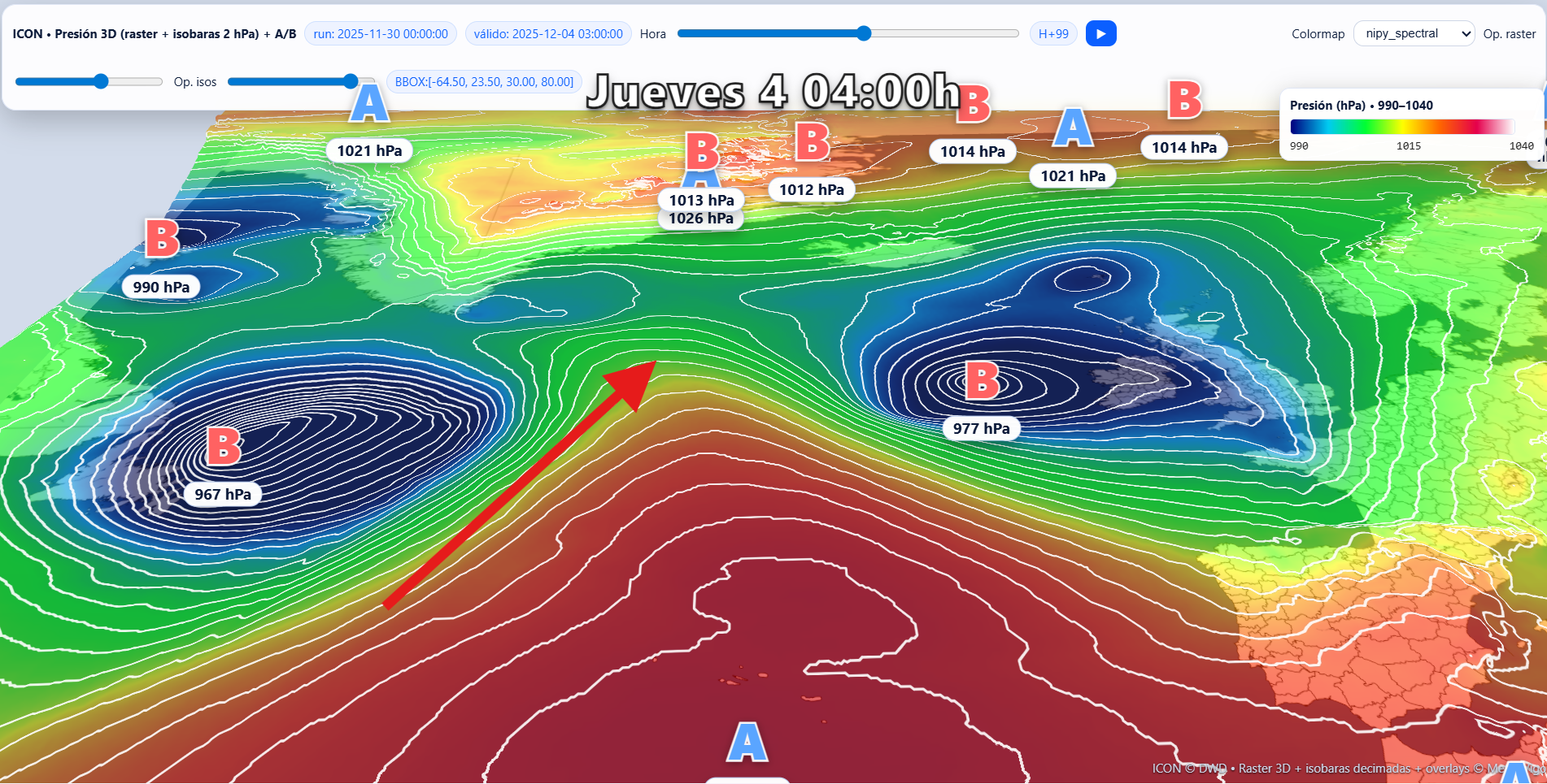 Mapa de presión atmosférica en superficie