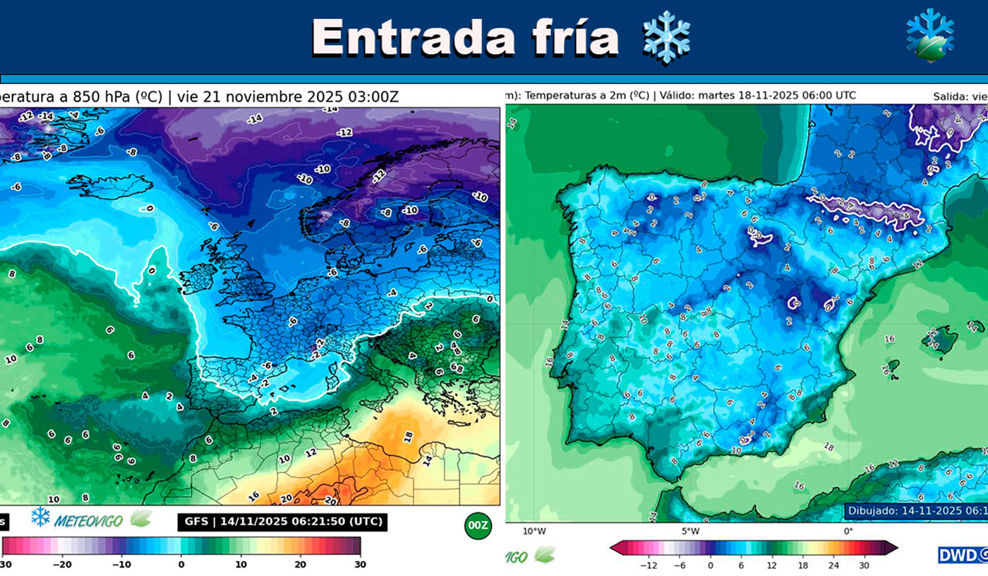 Entrada fría sobre España, mapas de temperaturas