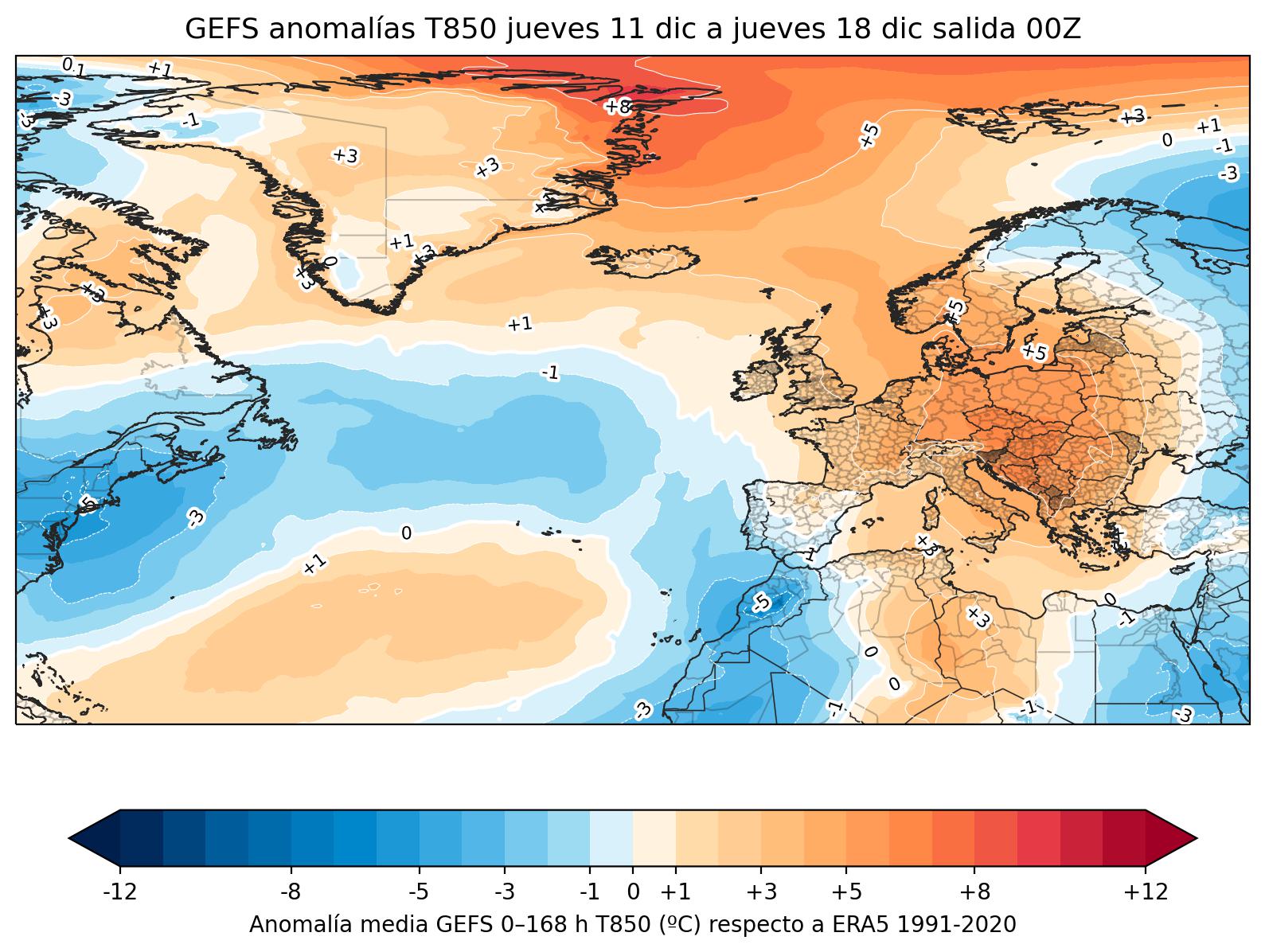 Anomal&iacute;as temperaturas a 850 hPa