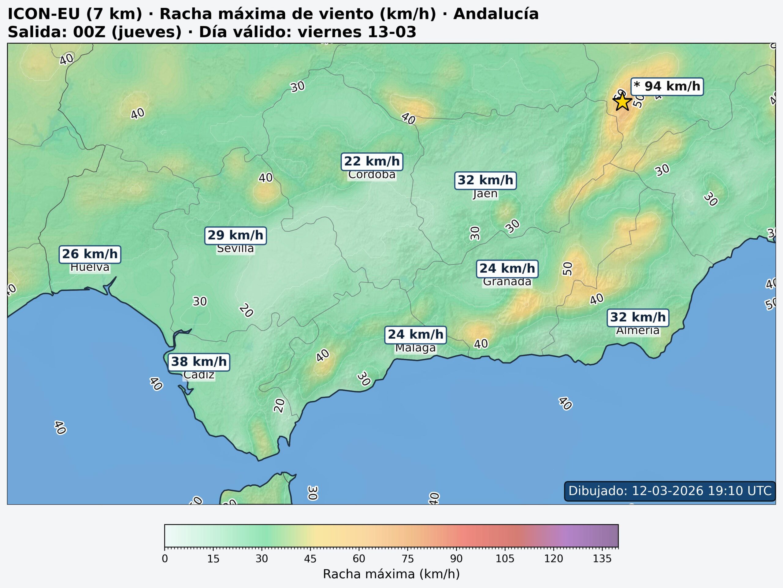 Racha m&aacute;xima de viento Andaluc&iacute;a