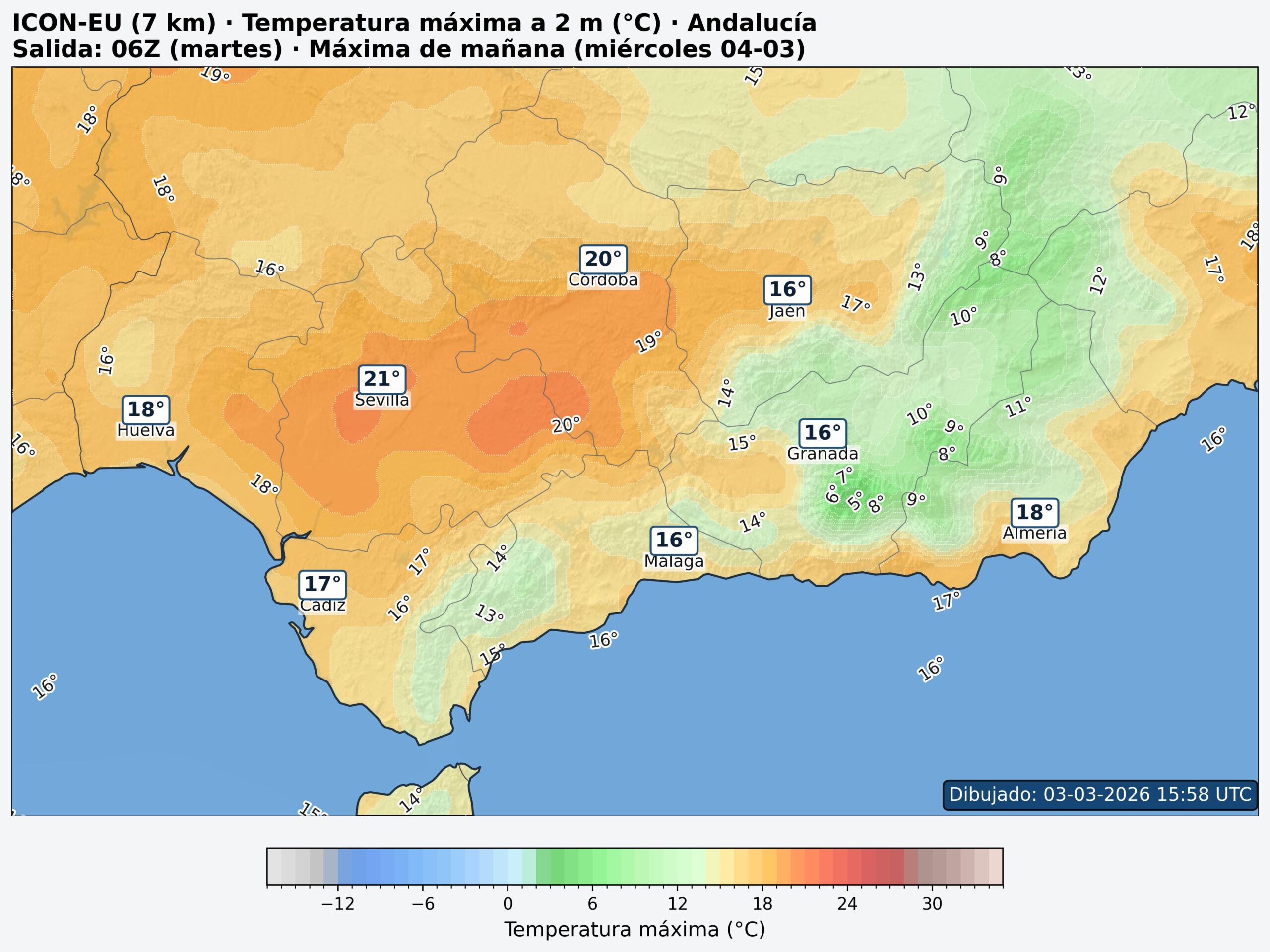 Mapa temperaturas m&aacute;ximas Andaluc&iacute;a