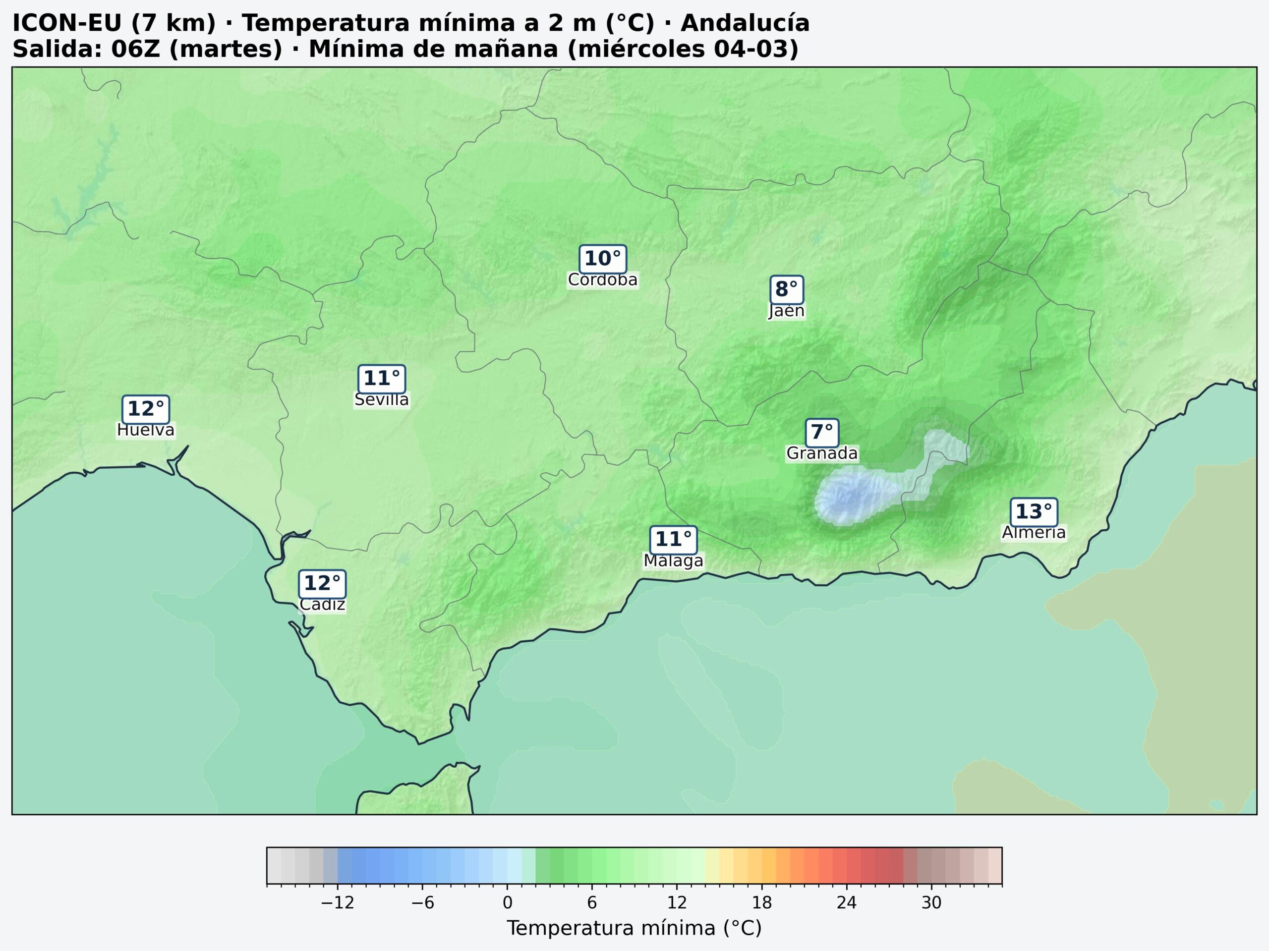 Mapa temperaturas m&iacute;nimas Andaluc&iacute;a
