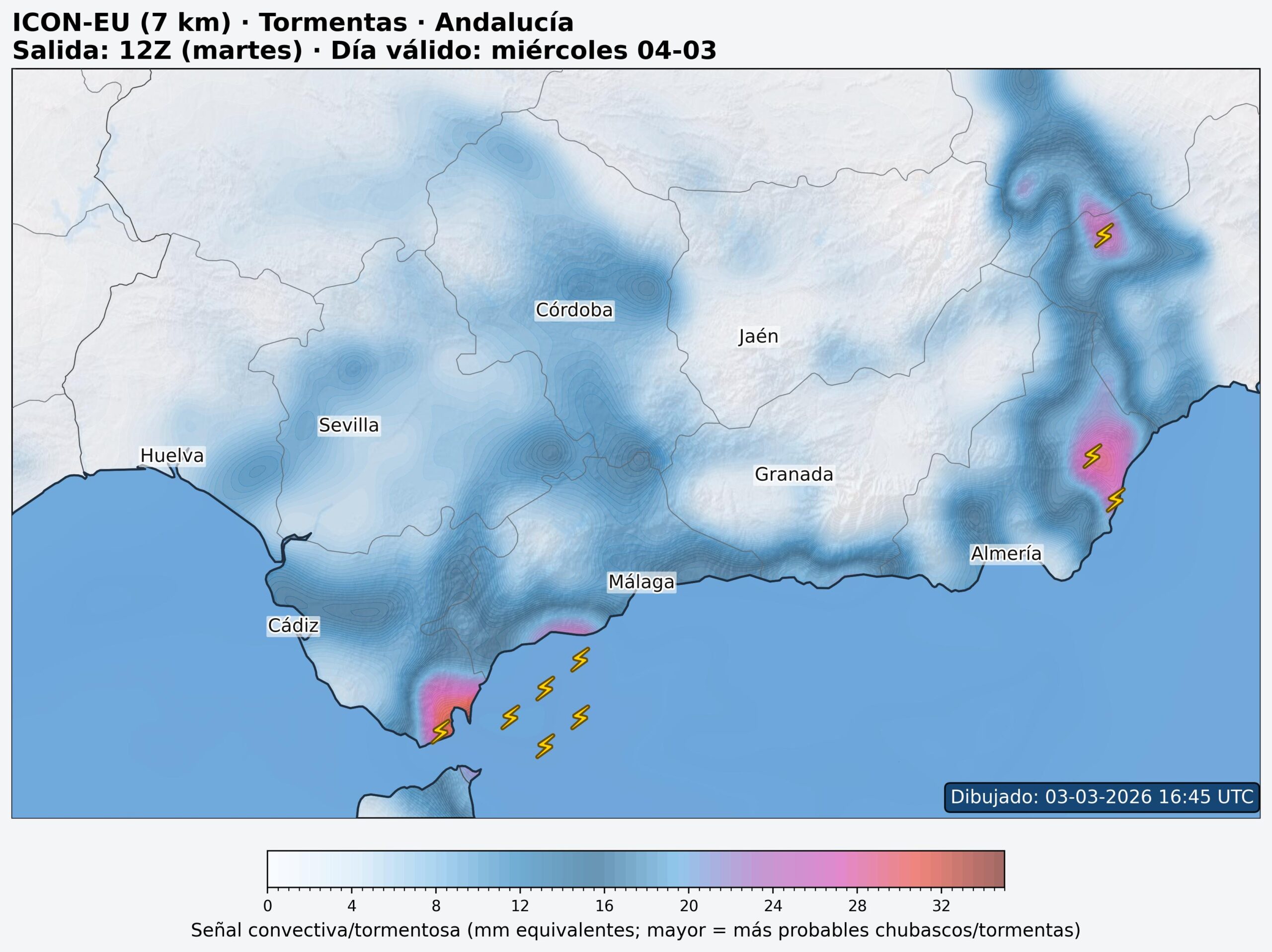 Mapa actividad tormentosa Andaluc&iacute;a