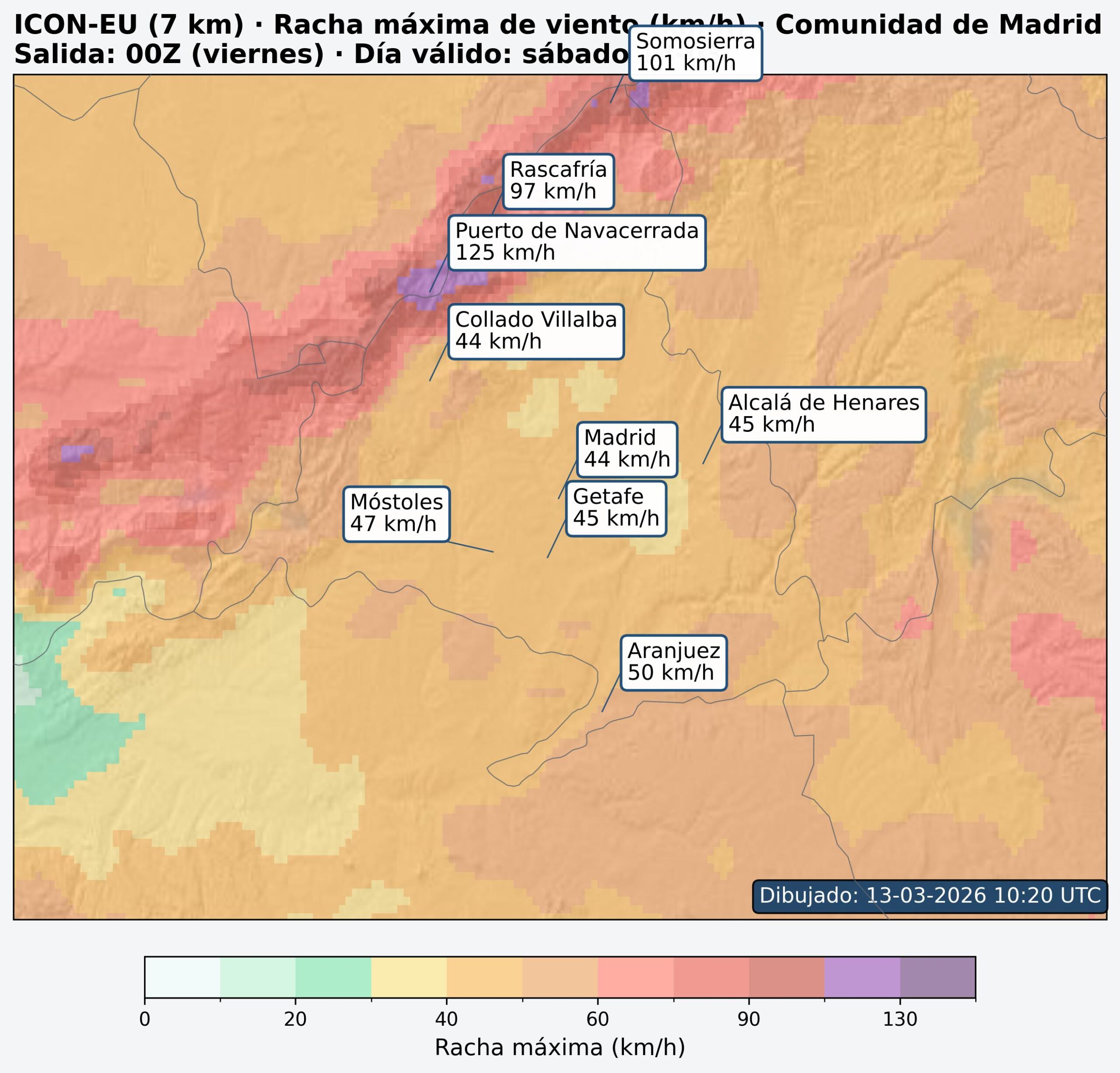 Racha m&aacute;xima de viento Comunidad de Madrid